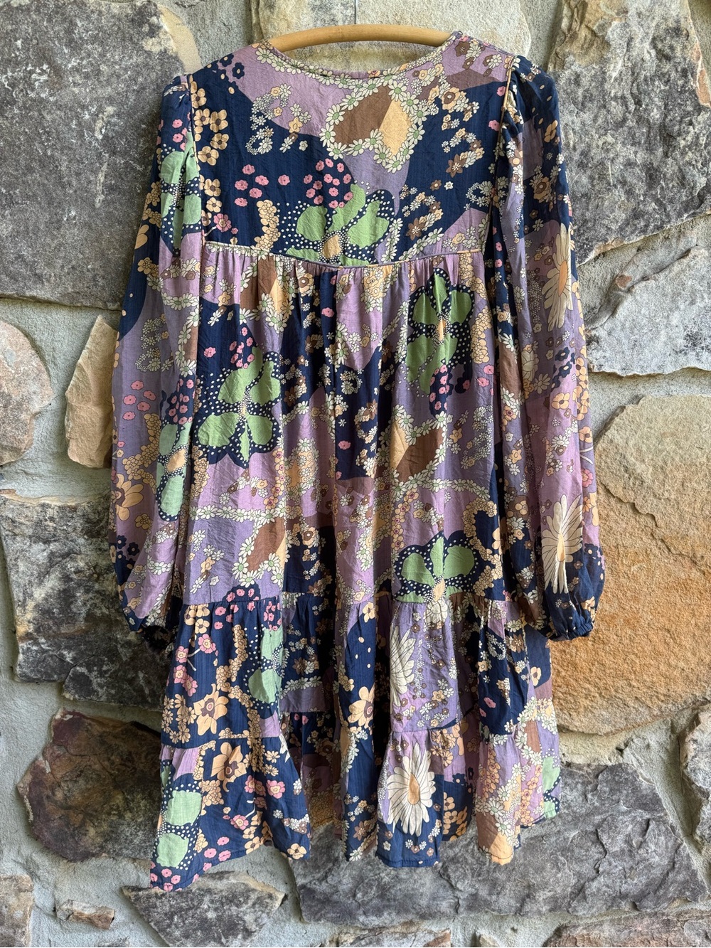 Retro 70s Print Navy & Lavender Floral Smocked Tiered Long-Sleeve Dress XL Boho - Picture 2 of 15